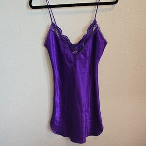 Vintage Romantic Moods Royal Purple Satin & Lace Chemise Slip - Size Small
